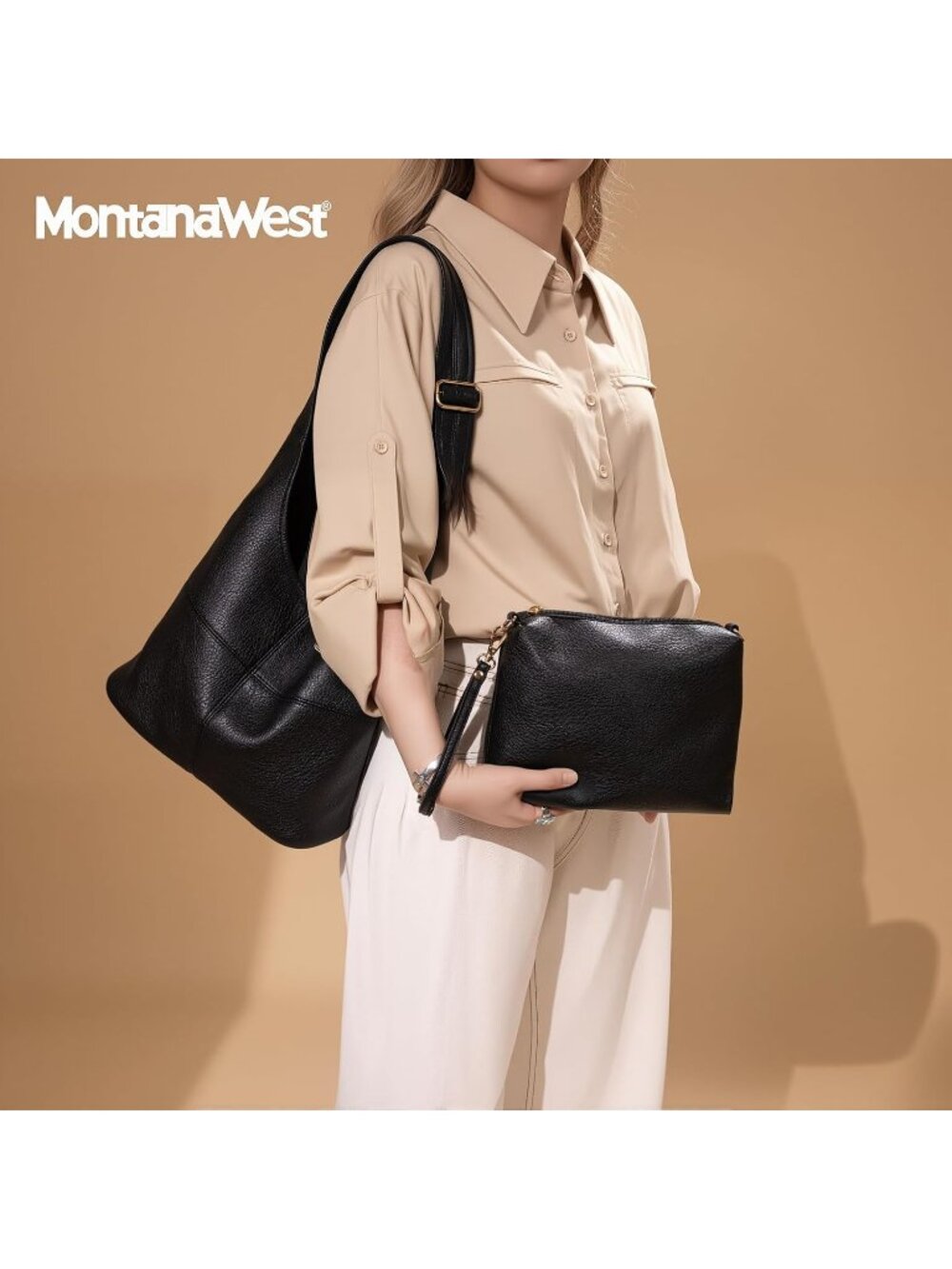 〽️Women Black Soft Slouchy Vegan Leather Matching Wristlet Hobo Shoulder Handbag - Picture 3 of 6
